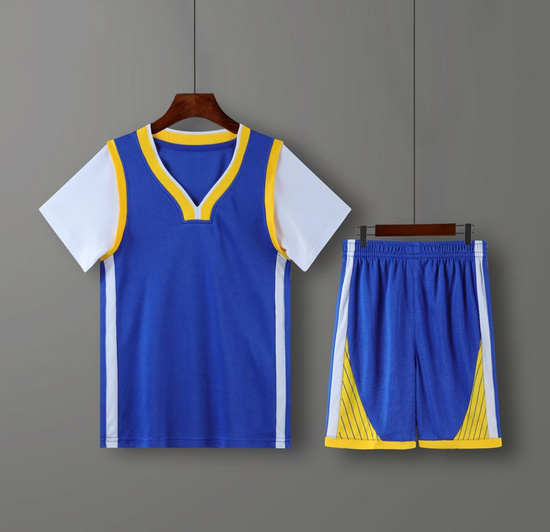 Novo conjunto de terno infantil, Fa ke Two Pieces Blue jersey, Uniforme de treinamento estudantil com uniforme de equipe de manga curta, Masculino_voghion.com