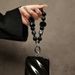 Niche High-End Black Plush Cat Phone Lanyard Beaded Hand Chain Wrist Strap Car Keychain Bag_voghion.com