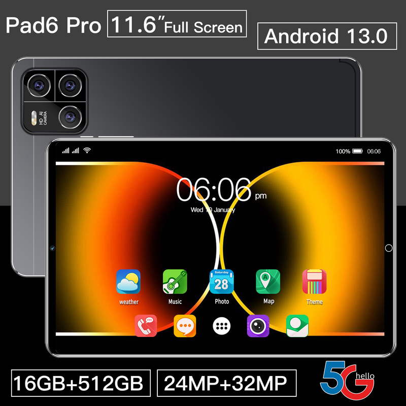 Pad6Pro Android-nettbrett – 16 GB RAM + 512 GB lagringsplass, 12" øyebeskyttelsesskjerm, åttekjerners CPU, 8000 mAh batteri_voghion.com