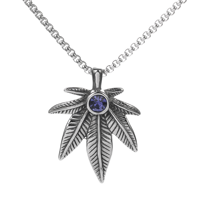 Collana di tendenza della personalità della moda hip-hop di strada Collana da uomo con pendente in foglia d'argento in pietra blu_voghion.com