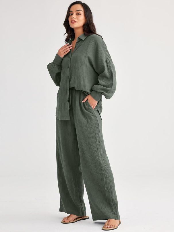 Women's Clothing Fashion Suits Loose Casual Tops Wide Leg Pants Cotton And Linen Two Piece Suits For Women_voghion.com
