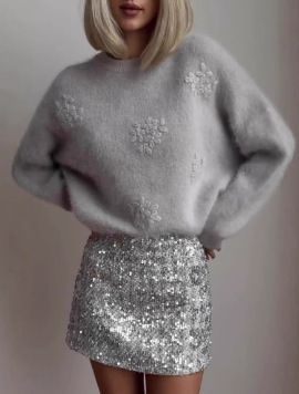 Damen-Pullover, kuschelig locker gestrickt mit Häkelspitze, langärmelig – Weiß/Grau (S/M/L)_voghion.com