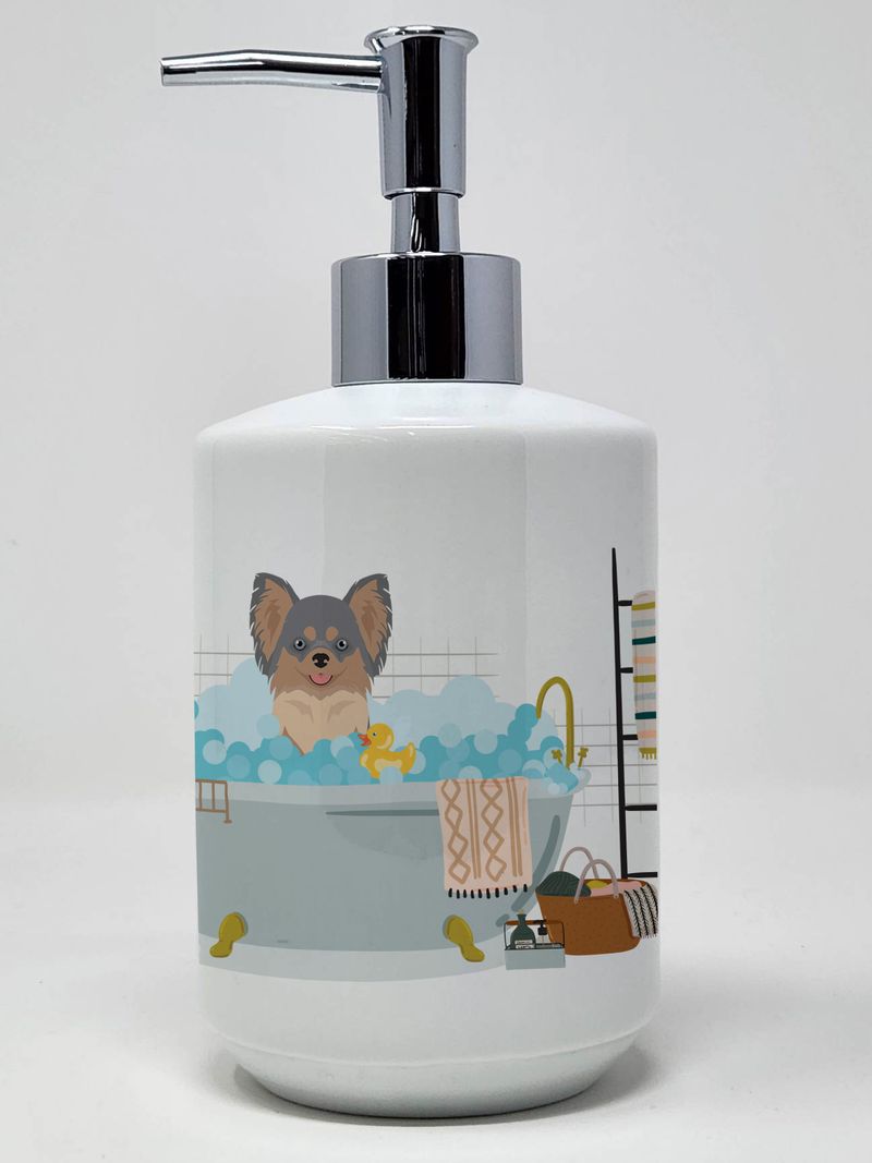 Longhaired Blue and Tan Chihuahua Ceramic Soap Dispenser Hand Soap Dispenser Pump Bottles for Bathroom Kitchen, Empty Refillable Liquid Soap Container_voghion.com