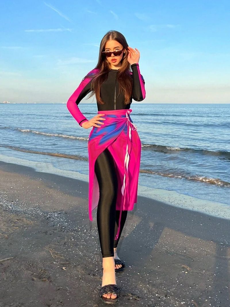 Women's Clothing 4 Piece Muslim Beach Swimsuit Puff Sleeves All Inclusive Conservative Swimsuit_voghion.com