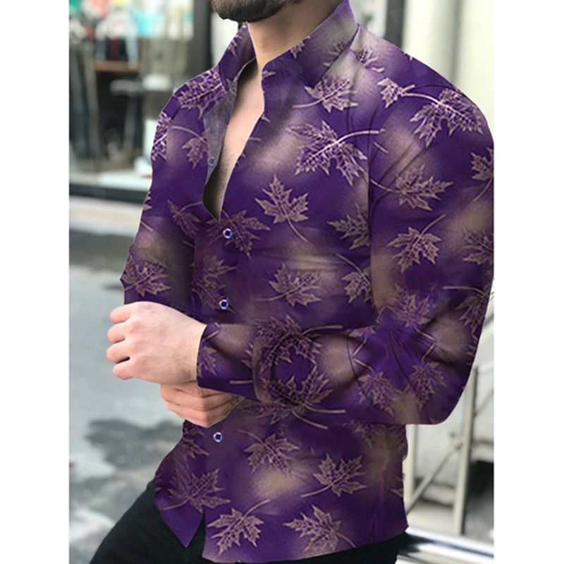 Herrenmode Ahornblatt-Druck Casual Slim Fit Langarmhemd Trend Herrenhemd Top_voghion.com