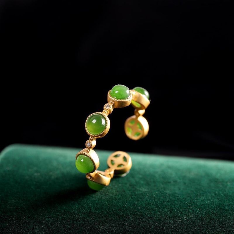Ancient Gold Process S Simulation Hotan Jade Green Jasper Simple Opening Index Finger Ring Girl_voghion.com