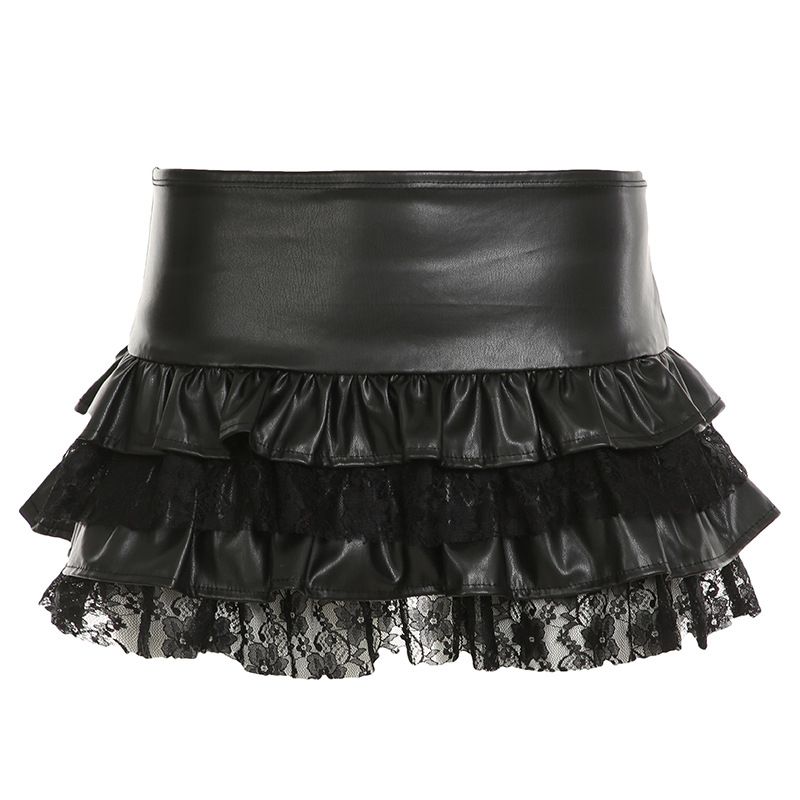 Gonna corta a mezza lunghezza con pizzo e giunture in pelle, stile punk piccante Y2K, stile street design_voghion.com