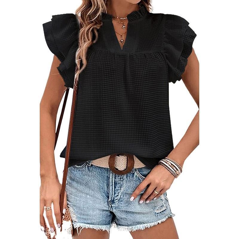 Roupas Femininas Blusa Simples de Manga Curta Feminina Moda de Verão Cor Sólida Tecido Textura Decote em V Pulôver com babados_voghion.com
