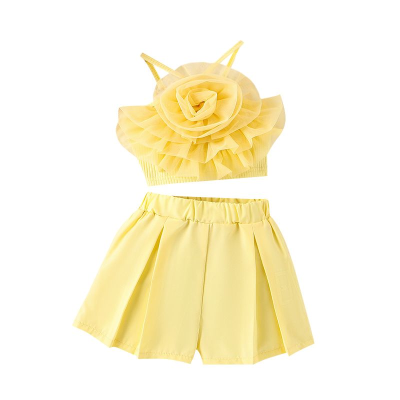 Mother&Kids – haut licou d'été pour enfants, short plissé en maille florale pour filles_voghion.com