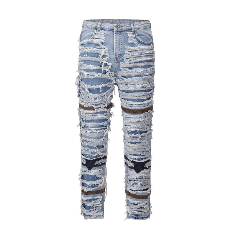 Jeans dritti, foderati con baffi di gatto, stile retrò, lavati e con fori sul ginocchio, da uomo, di High Street_voghion.com