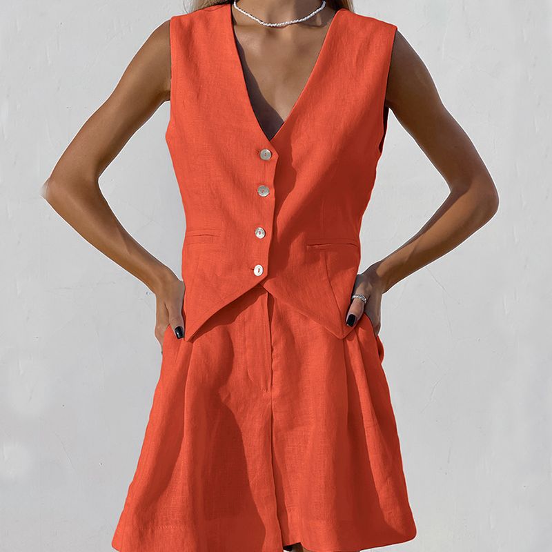 Ensemble deux pièces décontracté d'été pour femme, débardeur sans manches et short, design Sense, en coton et lin, 2024_voghion.com