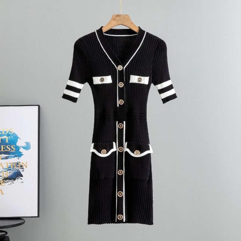 Women's Clothing New summer short sleeved striped knitted dress women's clothing celebrity slim temperament hip skirt_voghion.com