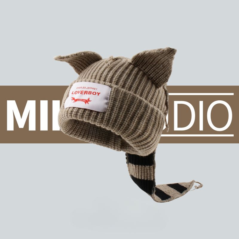 Small cute cat ears tail one knitted hat autumn and winter warm thick knit hat cold hat cover hat_voghion.com