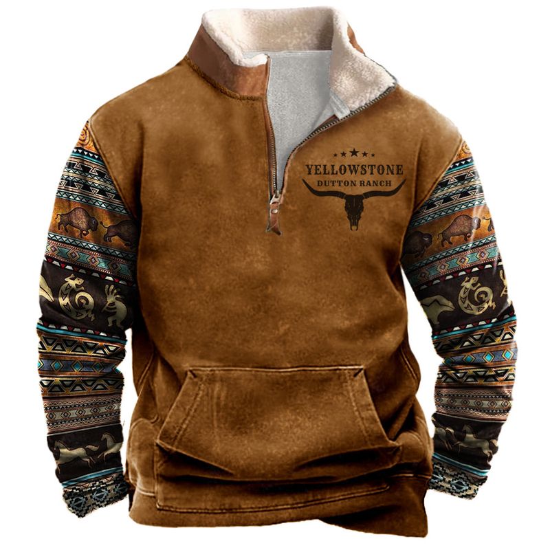 Męska odzież retro nadrukowana bluza z kapturem Yellowstone w kolorze zapinana na suwak i ze stójką_voghion.com