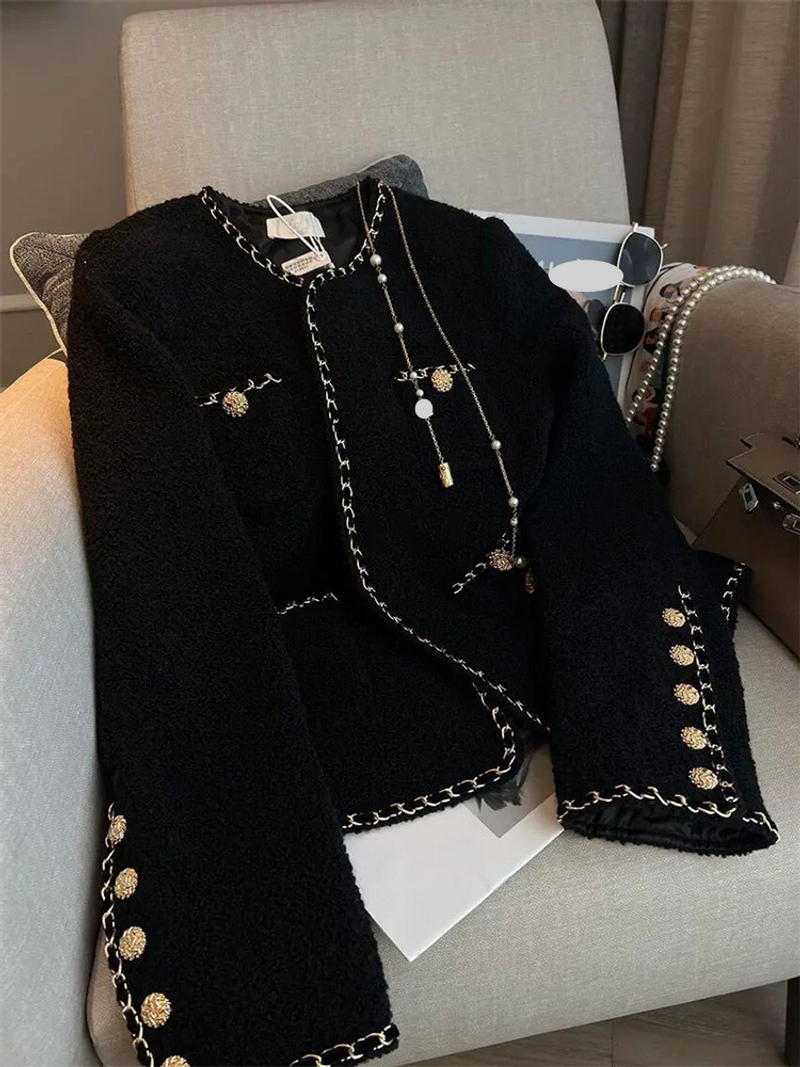 Women's Clothing light luxury small tweed black short jacket all-match royal sister style baseball jacket spring_voghion.com