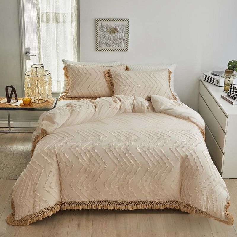Bedding Three Piece Set Craft Style Solid Color Cut Flower Tassel Lace Quilt Cover Pillowcase Set_voghion.com