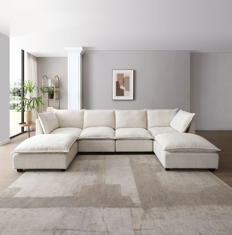130" Inch Modular Sectional Sofa, Linen Fabric Couch Set With Convertible Ottoman,U Shaped Sofa,comfortable,Freely Combinable Sofa For Living Room, Apartment, Office,Blue, 3 Colors BE_voghion.com