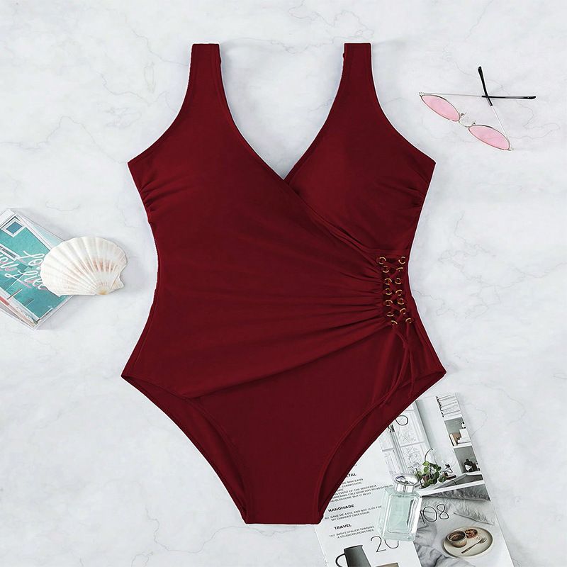 Maillot de bain une pièce à cordon de serrage de couleur unie 2025 pour femmes, couvrant la chair et montrant un maillot de bain bikini mince et conservateur de source chaude_voghion.com