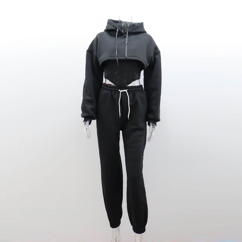 Ensemble trois pièces sweat-shirt court à capuche taille haute gris et leggings pour femme, nouveau pantalon de survêtement décontracté pour automne et hiver_voghion.com