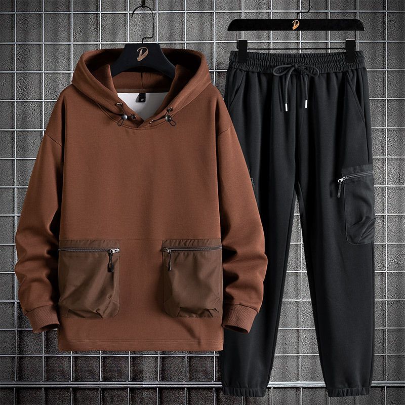 Härekleeder Fréijoer an Hierscht fir Männer, koreanesche Stil, Moud, grouss Gréisst, Kapuzenpullover, locker a komfortabel Jogginghosen, komplett Set_voghion.com
