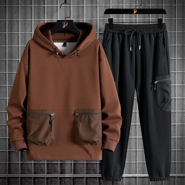 Härekleeder Fréijoer an Hierscht fir Männer, koreanesche Stil, Moud, grouss Gréisst, Kapuzenpullover, locker a komfortabel Jogginghosen, komplett Set_voghion.com