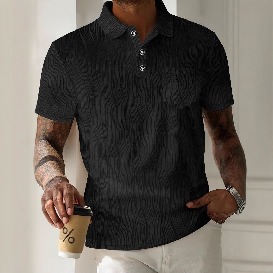 Herren Poloshirt aus Cord mit Revers, Knopftasche, einfarbig, lässig, kurzärmelig_voghion.com