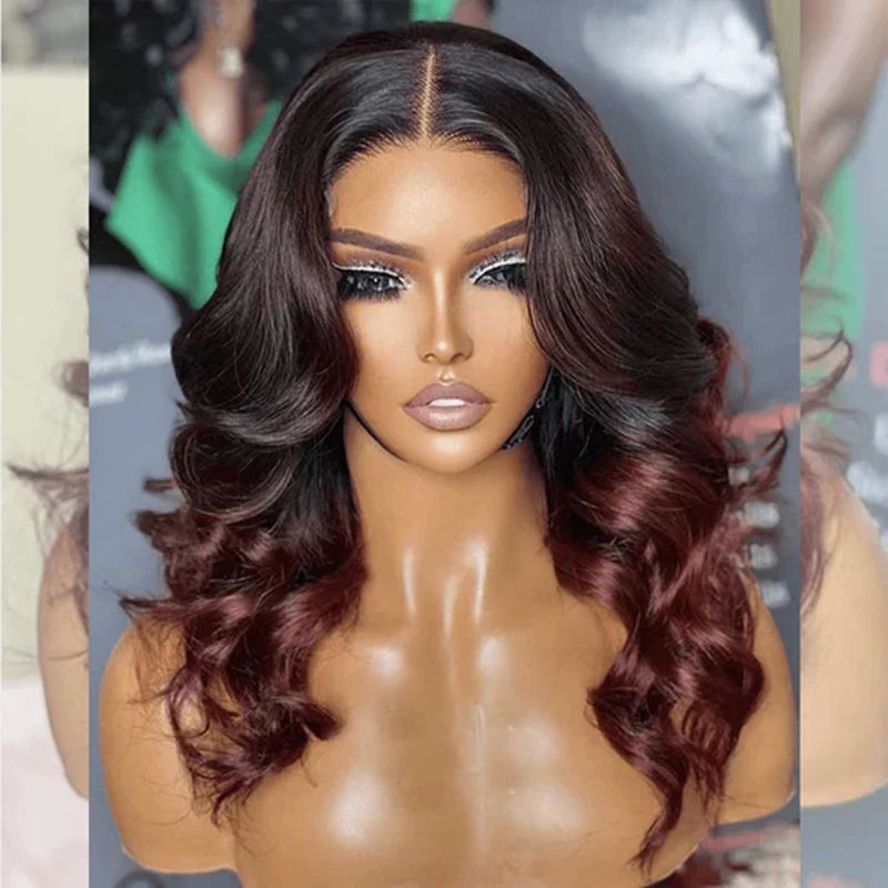 Ombre Bourgogne Vågiga spetsar främre peruker Människohår Förplockat med babyhår Limfritt vin Rött människohår Peruk Färgat människohår Peruk_voghion.com