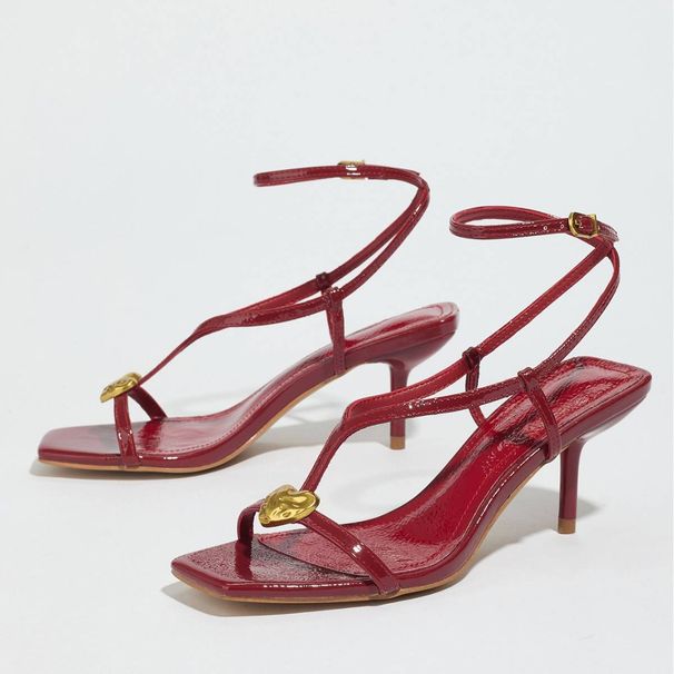 Women's Strappy High Heel Sandals - Square-Toe Thin Strap Summer Dress Sandals With Metallic Buckle (EU 35-41, Red)_voghion.com