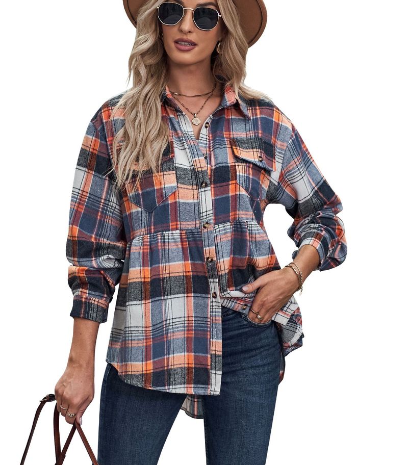 Women's tops autumn and winter new arrival lapel long-sleeved pocket casual plaid shirt_voghion.com