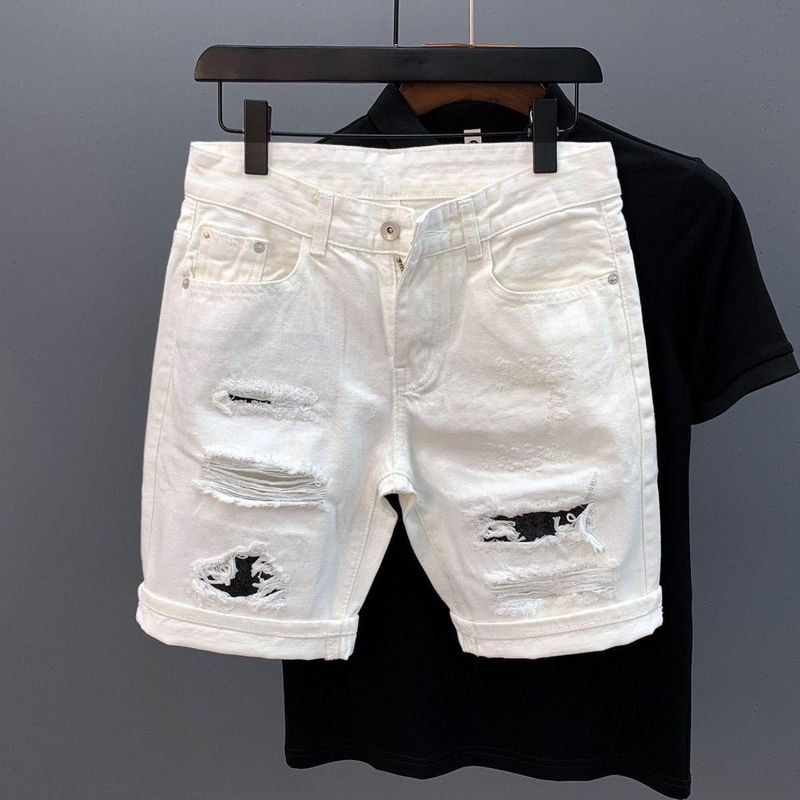 Pantaloncini in denim bianco con grandi fori, alla moda, casual, non elastici, effetto graffiato, da uomo_voghion.com