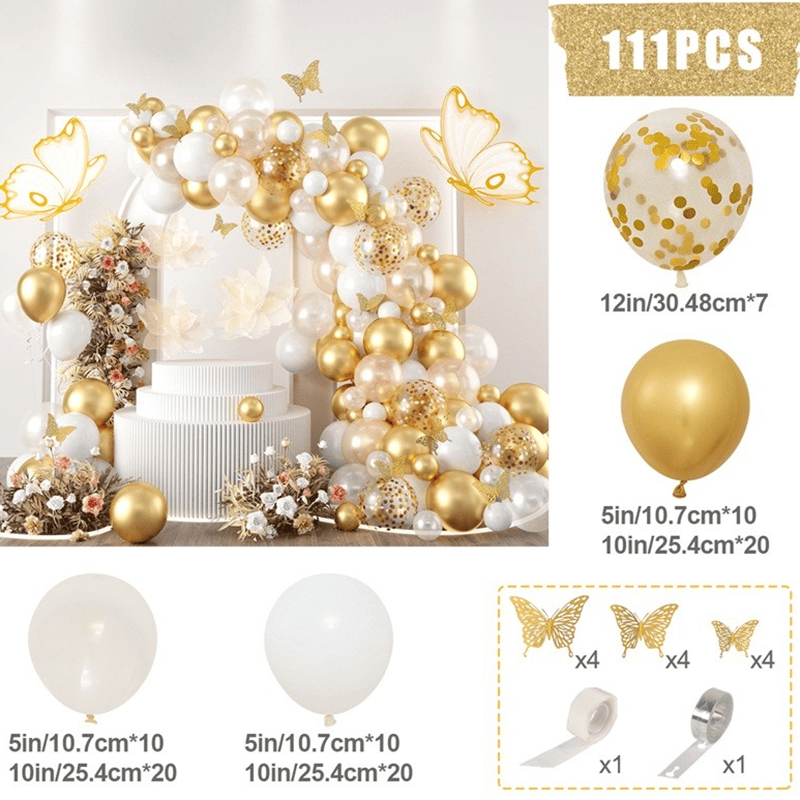 White And Gold Balloon Garland Butterfly Kit, 111 Pieces Of White Metal Gold Confetti Balloon Arch Kit, Suitable For Decorating Birthdays, Weddings, Engagements, Graduation Anniversary Parties_voghion.com