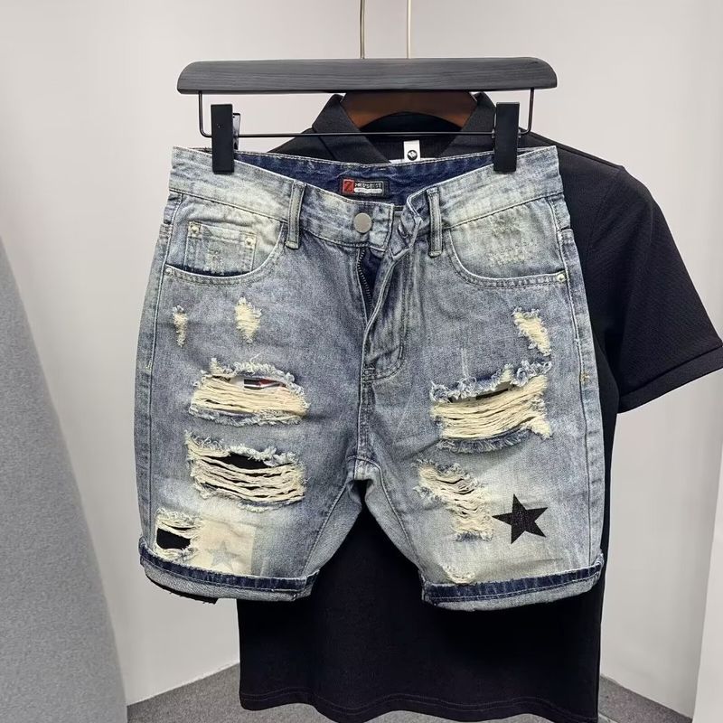 Abbigliamento da uomo Pantaloncini di jeans da uomo strappati sottili 2024 pantaloni casual dritti di media lunghezza da uomo estivi pantaloni di mezza lunghezza_voghion.com