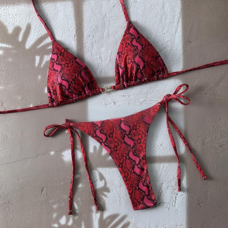 Traje de baño de mujer con estampado de piel de serpiente, bikini sexy con cuello halter y tirantes._voghion.com