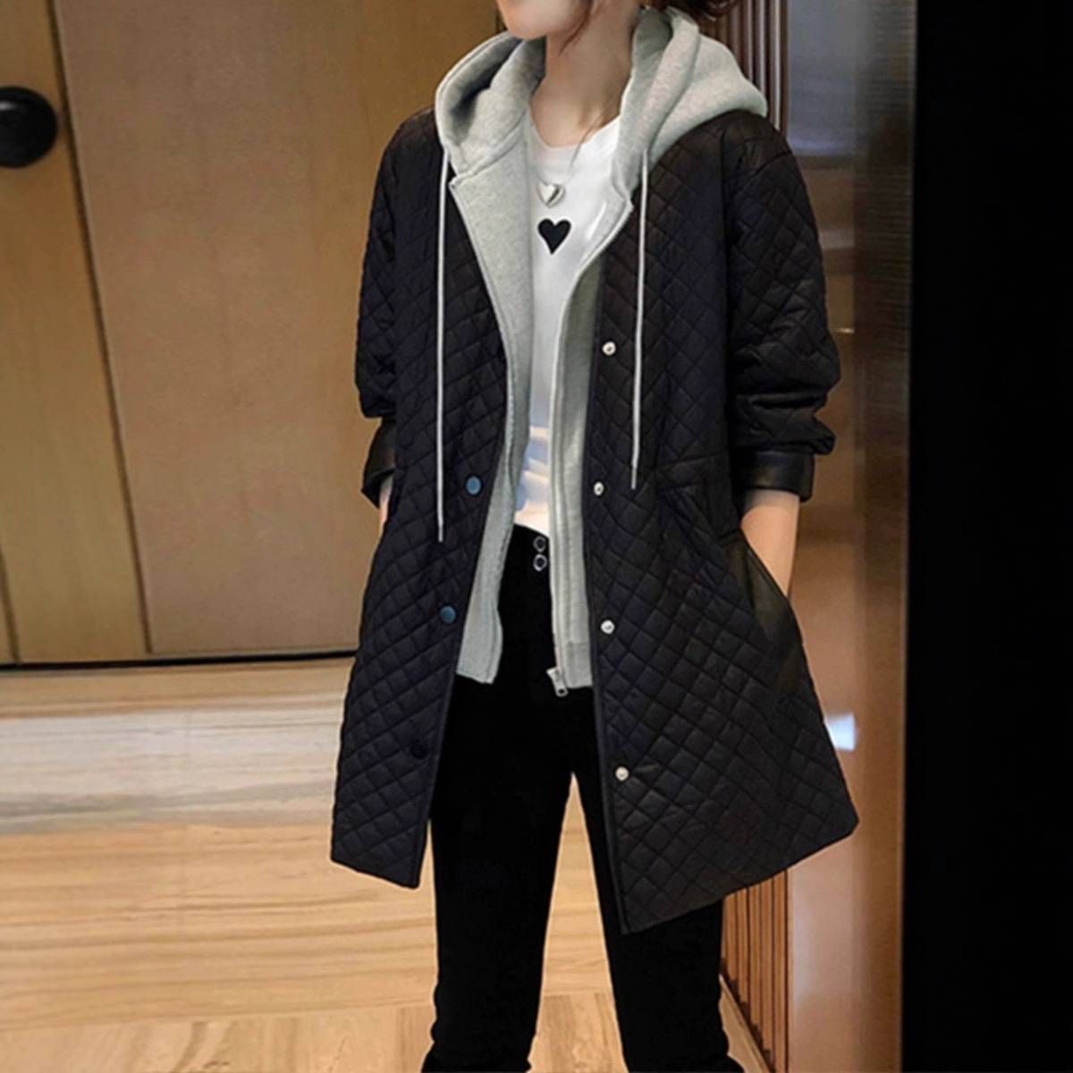 Quilted Geometric Print Hooded Coat – Lightweight Longline Puffer Jacket With Detachable Belt (S-XL, Polyester Wadding, Slim Fit)_voghion.com