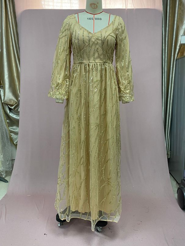 Women's Clothing gold heavy beaded luxury evening dress sexy celebrity aura queen long dress DQ7109_voghion.com