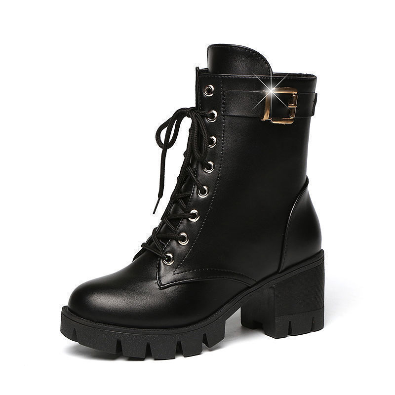 Scurt Iarna Pantofi mijlocii Toc gros Martin Tocuri inalte Cizme din piele Fleece-ed Women Cott_voghion.com