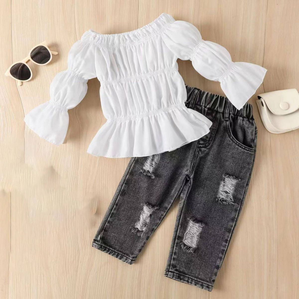 Kinderkleidung Frühling und Herbst One-Shoulder Puffärmel Top Zerrissene Jeanshose Kleiner und mittlerer Anzug_voghion.com