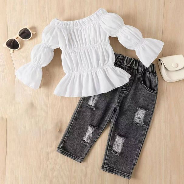 Kinderkleidung Frühling und Herbst One-Shoulder Puffärmel Top Zerrissene Jeanshose Kleiner und mittlerer Anzug_voghion.com