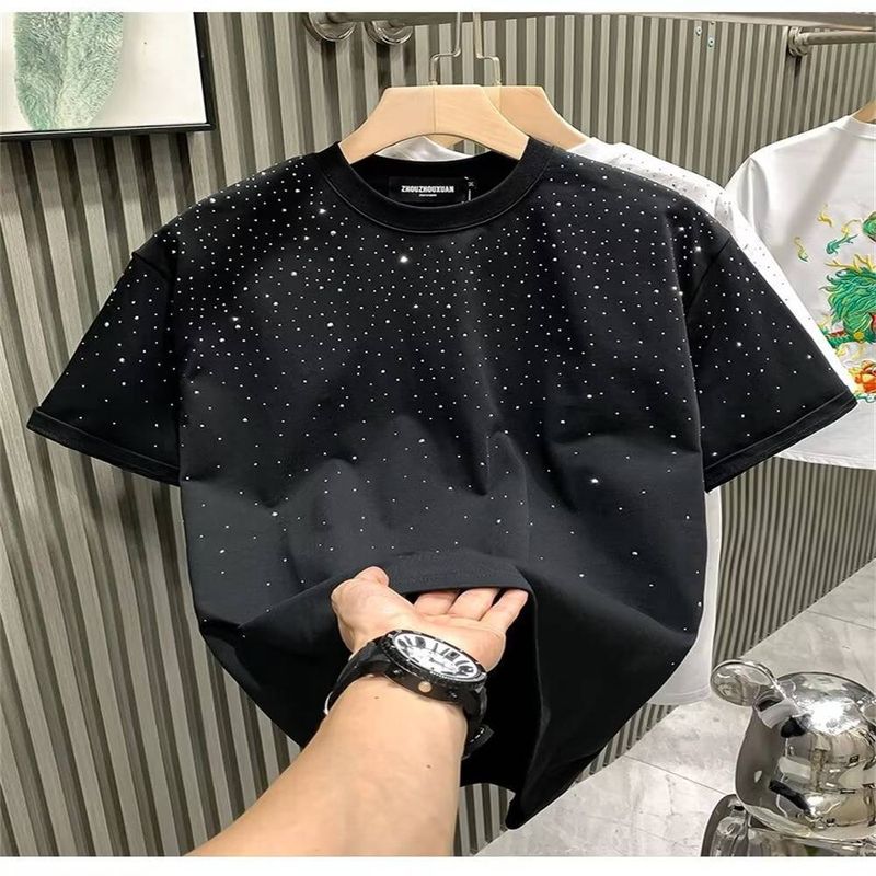 S-5XL Summer Round Collar Top Tee European Station Fashion Trendy Brand Light Luxury Star Hot Diamond Short Sleeved T-Shirt_voghion.com