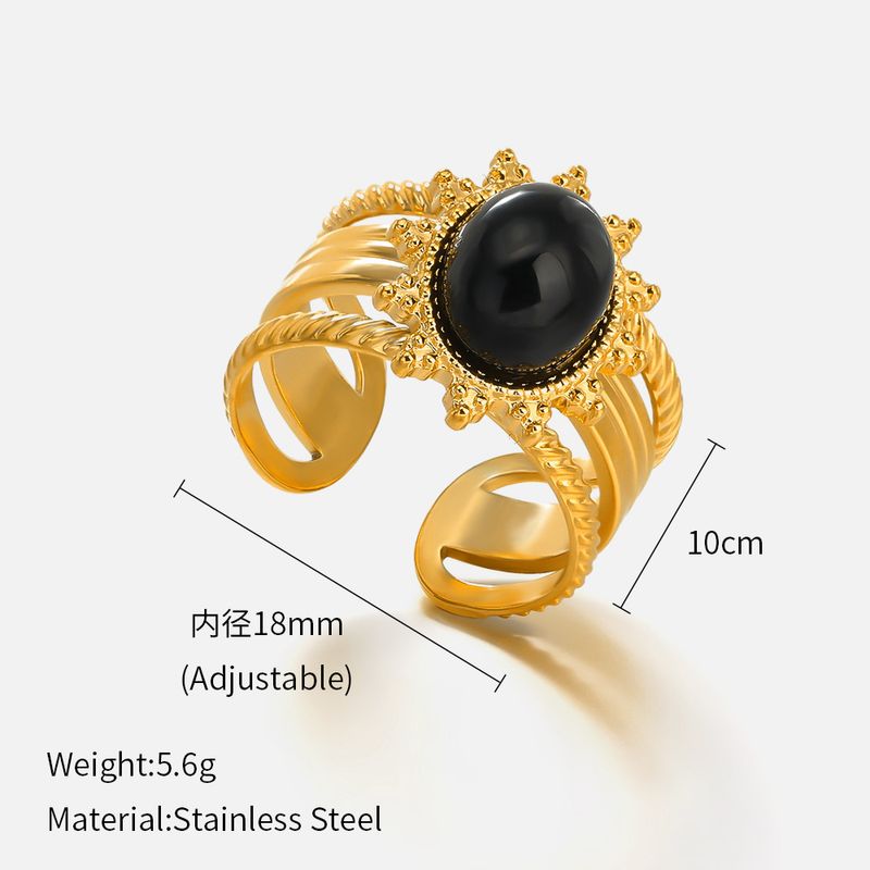 Anello aperto regolabile in acciaio inossidabile placcato oro, leggero e di lusso, con intarsi in ossidiana per donna_voghion.com