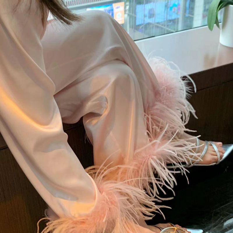 Damska bielizna nocna wiosna i lato lodowy jedwab długi rękaw duży rozmiar wysokiej jakości jednolity kolor garnitur Xiaohongshu styl lekki luksusowy piórko domowe ubrania_voghion.com