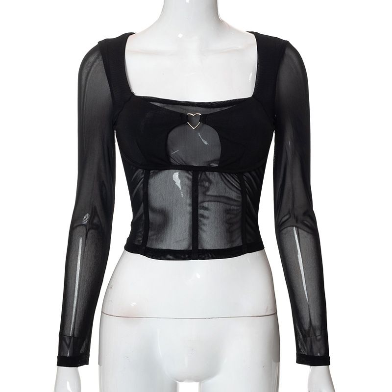 M22TP446 Autumn New 2024 Solid Color Square Neck Pullover Long Sleeve Mesh Open Navel Casual Women's Top_voghion.com