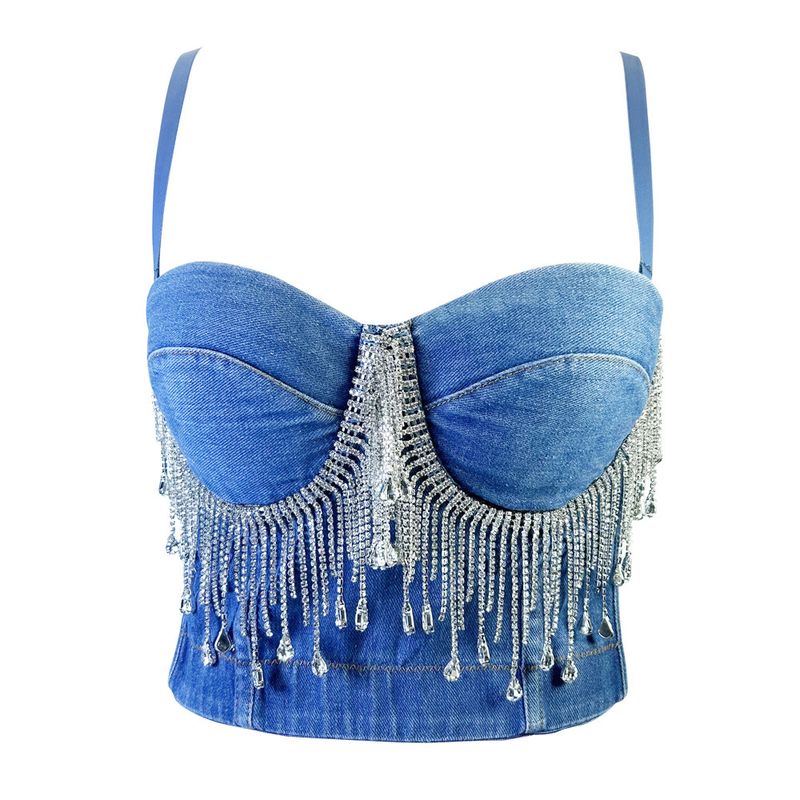 European and American Slim Denim Corset Patchwork Rhinestone Tassel Fishbone Strappy Nightclub Rock Style Chest Wrap_voghion.com