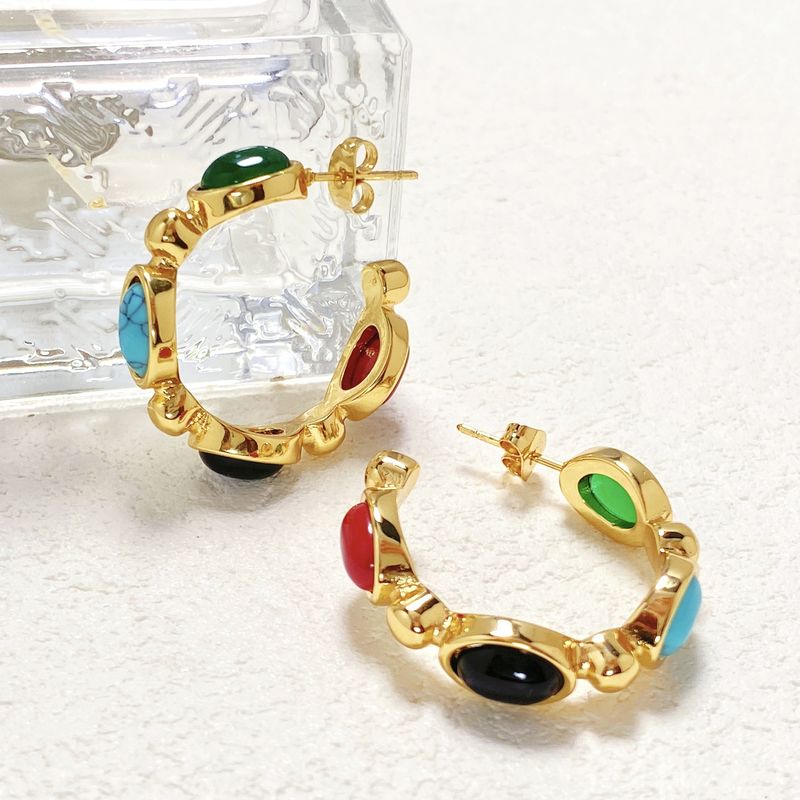 Women's Jewelry C Shaped Inlaid Multi Color Agate Earrings, Titanium Steel, High End Personality Design Popular Stainless Steel Boutique Earrings_voghion.com