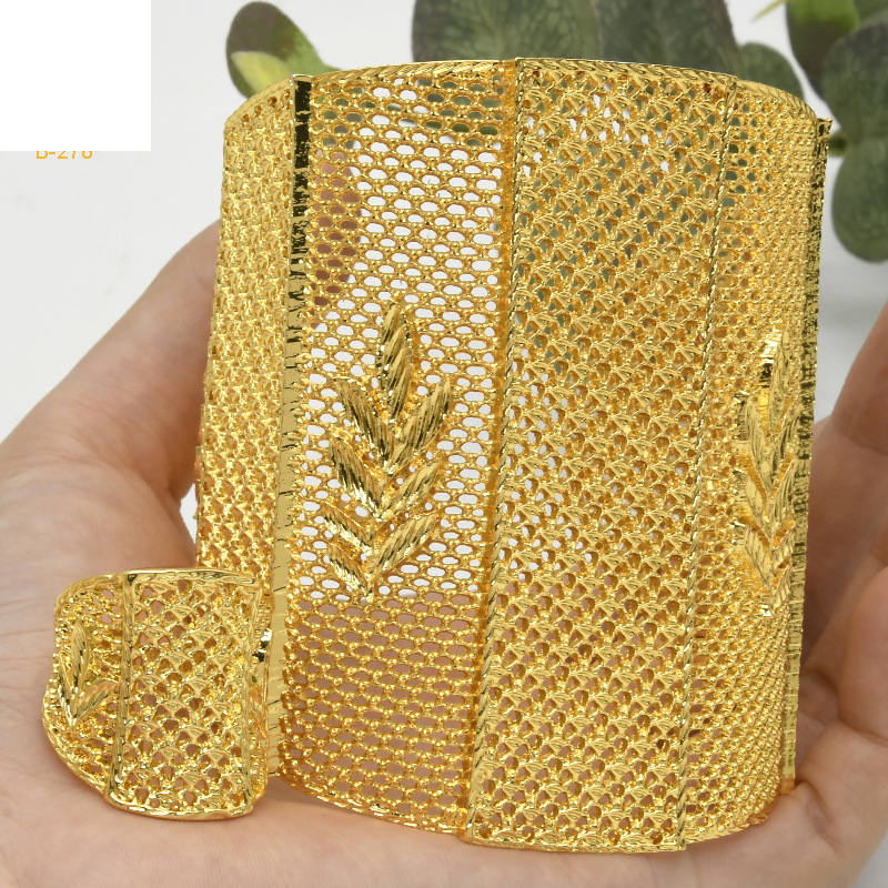 Cross-border gold-plated flower bracelet ring set ethnic style hollow copper bead bracelet ring long-lasting and does not fade_voghion.com