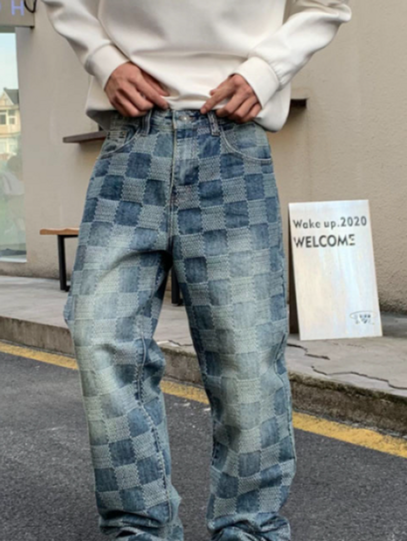 [StreetLuxe] Men's Plaid Wide-Leg Jeans - Hip Hop Streetwear | Relaxed Fit_voghion.com