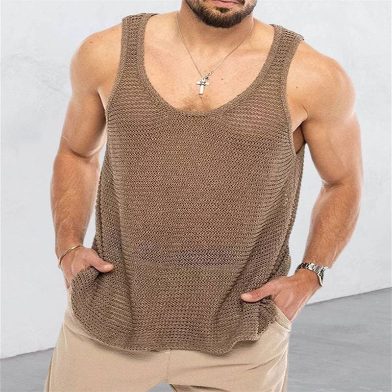 Summer 2025 Fashion Men Round Collar Pure Color Sleeveless Loose Kniting Vest  M-3XL_voghion.com