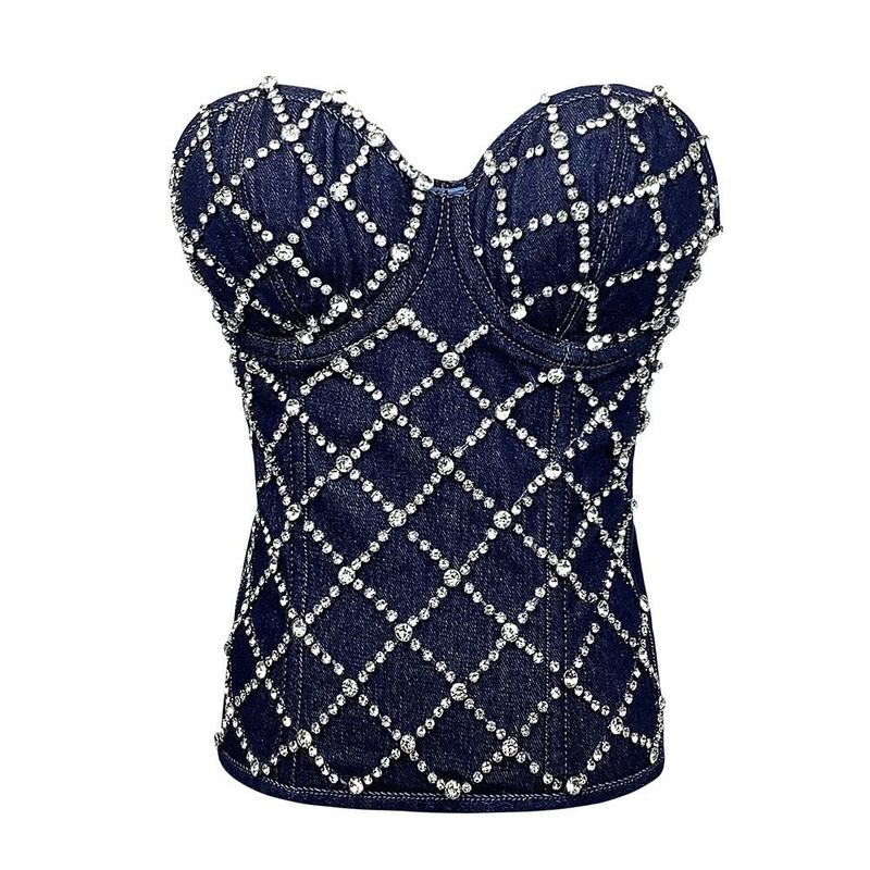 Corsé vaquero con cuentas de diamantes para mujer: corpiño moldeador retro con lazo de corazón y espalda de algodón (diseño de cremallera vintage adelgazante)_voghion.com