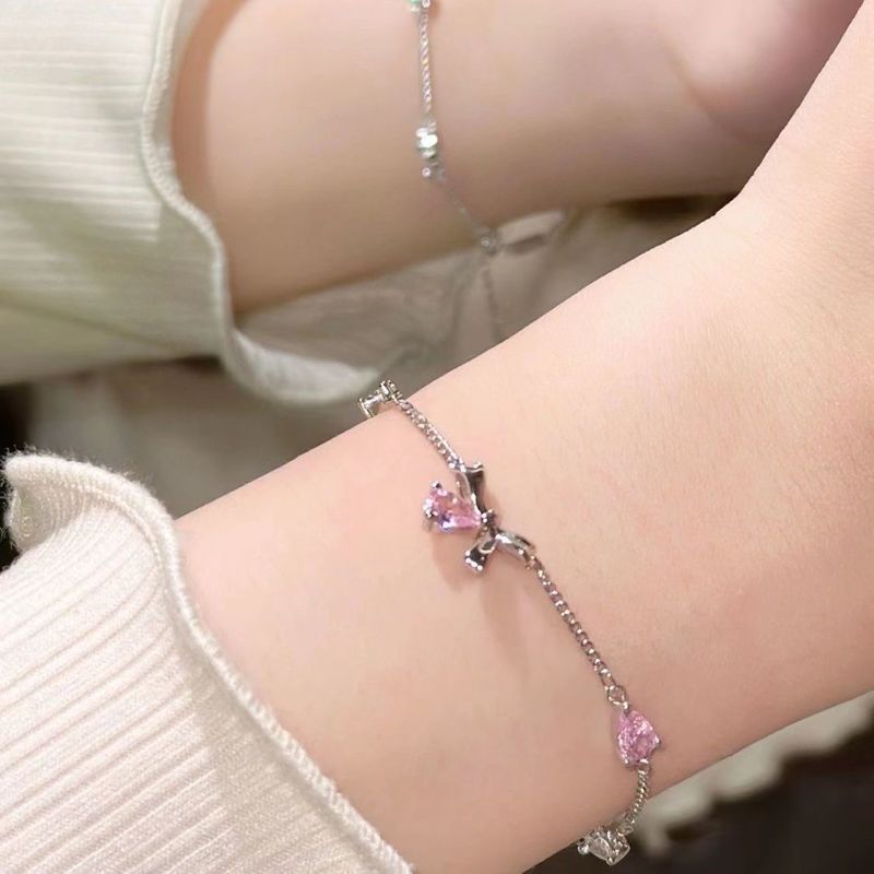 Einzigartiges Designer-Armband mit rosa Diamanten und Schleife für Damen, Moissanit, süß und lieblich, hochwertiger Schmuck für Mädchen_voghion.com