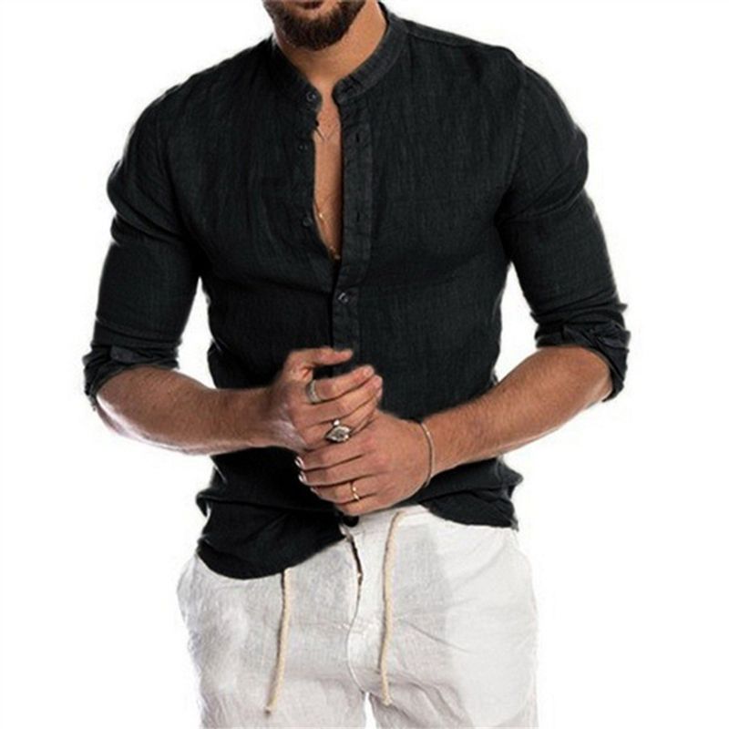 Camicia da uomo ampia a maniche lunghe in cardigan con colletto alla coreana in lino tinta unita_voghion.com